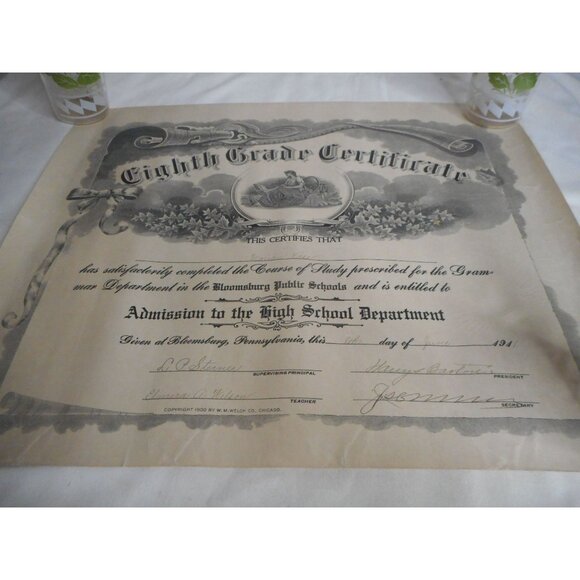 Antique 8th Eighth Grade Certificate Graduation Kase Unframed 1911 Bloomsburg PA - Picture 1 of 4